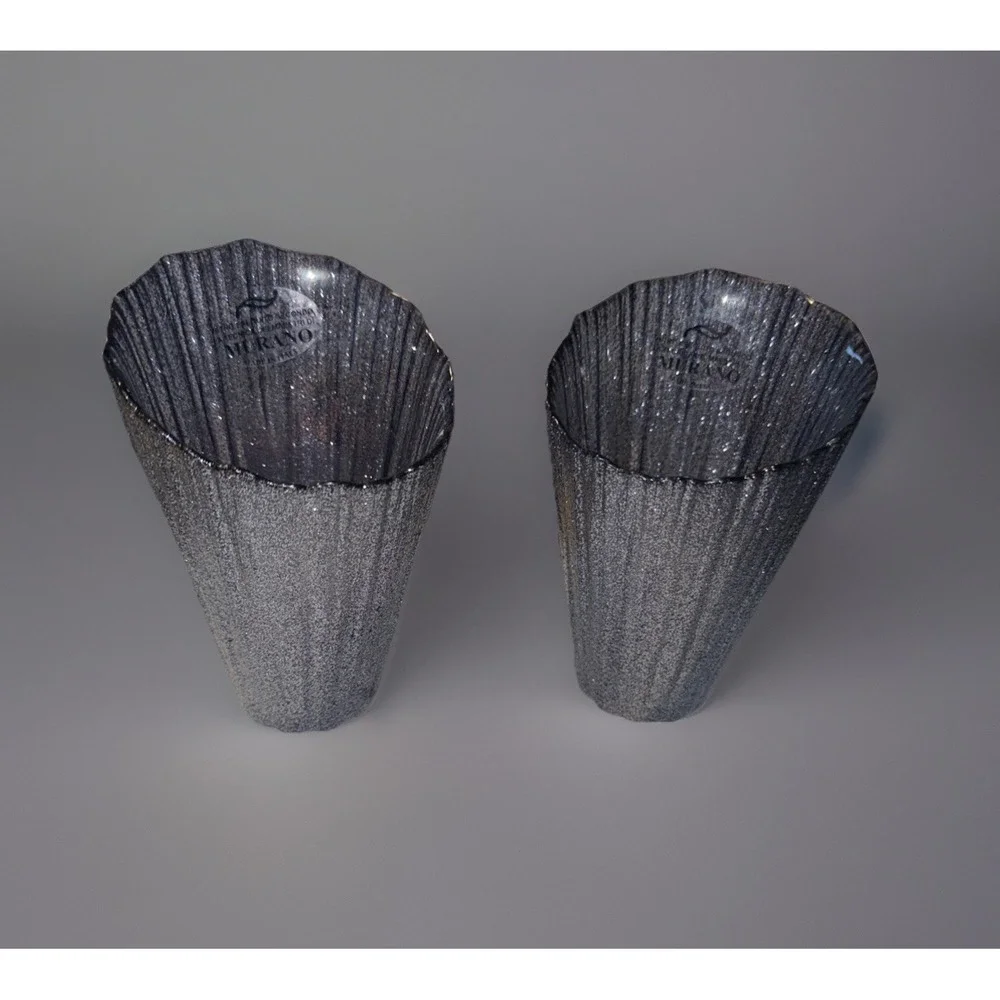 New 2 Jammaro Gunmetal Silver Glitter Glass Hand Made in Italy Asymmetrical Vase